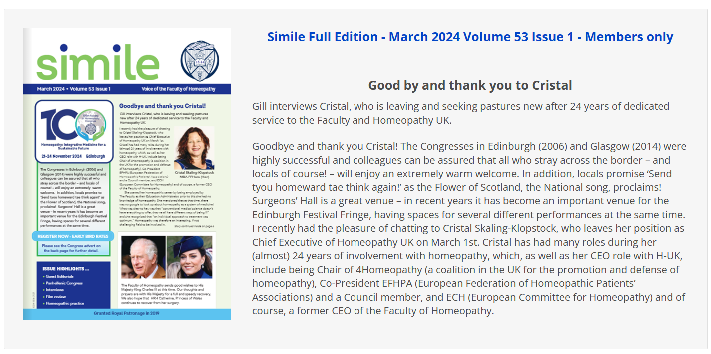 (きた日誌) Faculty of Homeopathy 機関誌 “SIMILE” March 24 Vol.53 issue 1 インタビュー記事掲載